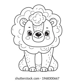Cute lion with smile for kid coloring book. Line art design for kids' coloring page. Coloring page outline of cartoon lion