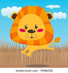 Cute lion smiling happily jumping and running outdoors on the savanna