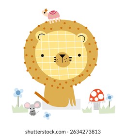 Cute lion, snail and mouse postcard happy birthday celebration with wild herbs, flowers vector art. 
