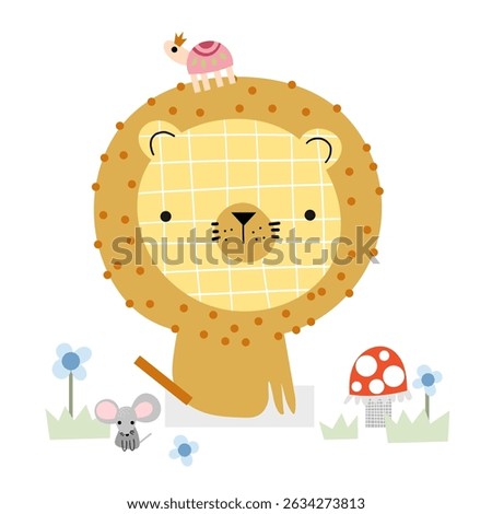 Cute lion, snail and mouse postcard happy birthday celebration with wild herbs, flowers vector art. 