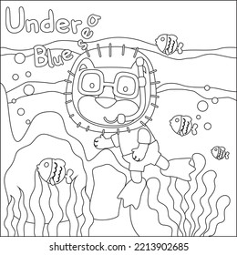 Cute lion in snorkel mask diving in the sea isolated on white background illustration vector. Childish design for kids activity colouring book or page.