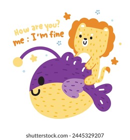 Cute lion soft hair sit on big fish with text on white background.Sea life and wild animal character cartoon design.Marine.Ocean.Summer.Kawaii.Vector.Illustration.