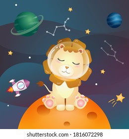 a Cute lion in the space galaxy
