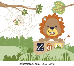 Cute lion with spider in the zoo, vector cartoon illustration