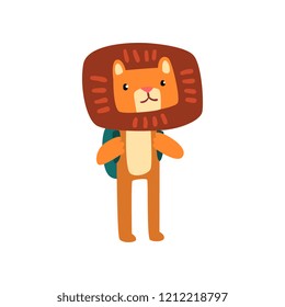 Cute lion standing with backpack, smart animal cartoon character, school education and knowledge concept vector Illustration on a white background