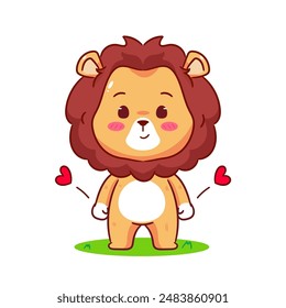 Cute Lion Standing Cartoon Character. Adorable and Kawaii Animal Icon Mascot Concept Design. Logo Vector Illustration. Isolated White Background.