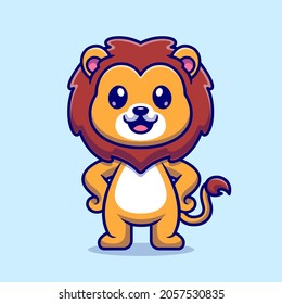 Cute Lion Standing Cartoon Vector Icon Illustration. Animal Nature Icon Concept Isolated Premium Vector. Flat Cartoon Style