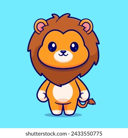 Cute Lion Standing Cartoon Vector Icon Illustration. Animal Nature Icon Concept Isolated Premium Vector. Flat Cartoon Style