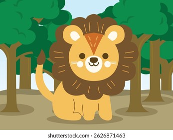 cute lion standing in the forest, with trees in the background