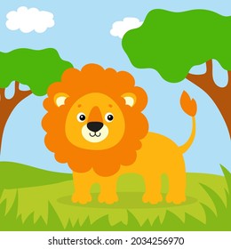 A cute lion is standing on the grass. Beautiful landscape. Colored background for your design. For wallpapers, covers, postcards, banners. Vector illustration.