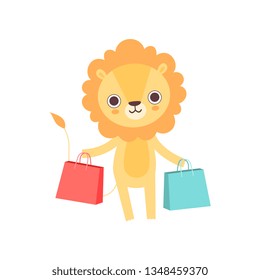 Cute Lion Standing with Shopping Bags, Funny African Animal Cartoon Character Vector Illustration