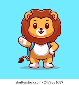 Cute Lion Student Go To School Cartoon Vector Icon Illustration. Animal Education Icon Concept Isolated Premium Vector. Flat Cartoon Style