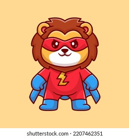 Cute Lion Super Hero Cartoon Vector Icon Illustration. Animal Holiday Icon Concept Isolated Premium Vector. Flat Cartoon Style