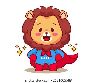 Vector de dibujos animados de súper héroe lindo león. Adorable y kawaii concepto de diseño animal. Mascota, icono, ilustración del logotipo. Fondo blanco aislado