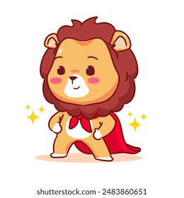 Cute Lion Super Hero with Cloak Cartoon Character. Adorable and Kawaii Animal Icon Mascot Concept Design. Logo Vector Illustration. Isolated White Background.