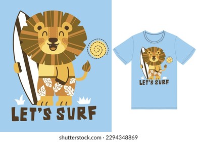 Cute lion surfing illustration with tshirt design premium vector the Concept of Isolated Technology. Flat Cartoon Style Suitable for Landing Web Pages,T shirt, Flyers, Stickers