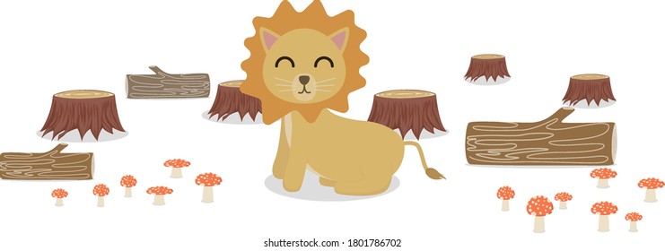 Cute lion umgeben von Pilzpflanzen auf Baumhintergrund