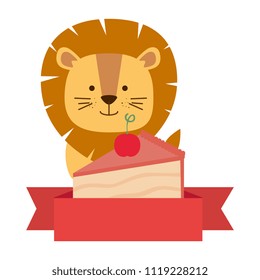 cute lion with sweet cake portion character