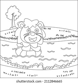 Cute lion is Swimming with a buoy. Animal cartoon concept isolated. Trendy children graphic with Line Art Design Hand Drawing Sketch Vector illustration For Adult And Kids Coloring Book.