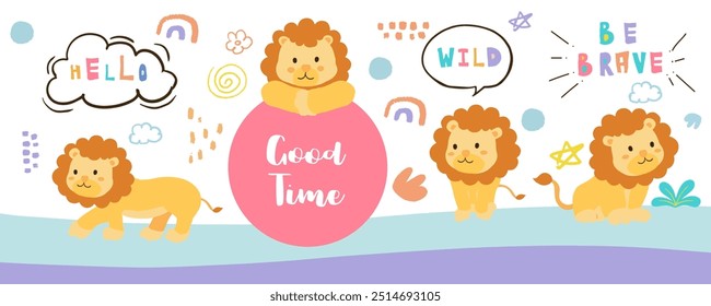 cute lion template banner with hello for horizontal design