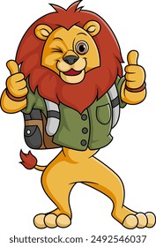 Cute lion with thumb up with wearing the adventure costume of illustration