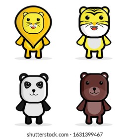 Cute Lion, Tiger, Bear, Panda Mascot Vector Illustration.