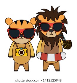 cute lion and tiger with camera and pineapple cocktail