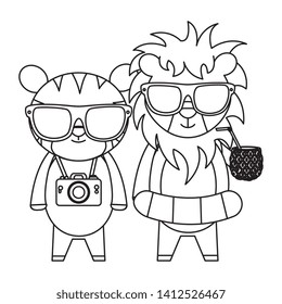 cute lion and tiger with camera and pineapple cocktail