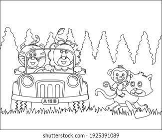 Cute león y tigre dibujos animados divirtiéndose conduciendo un coche fuera de carretera en la montaña el día soleado. Ilustración vectorial aislada de dibujos animados, Diseño infantil vector creativo para la actividad infantil libro o página de coloración.