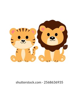 Cute Lion And Tiger Cartoon Vector Icon Illustration. Animal Nature Icon Concept Isolated on White. Flat Cartoon Style