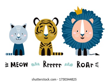 Cute lion, tiger and cat and english text: Meow, Rrrrrr, Roar. Cartoon vector illustration 