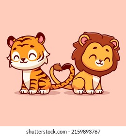 Cute Lion And Tiger Couple With Love Heart Tail Cartoon Vector Icon Illustration. Animal Nature Icon Concept Isolated Premium Vector. Flat Cartoon Style