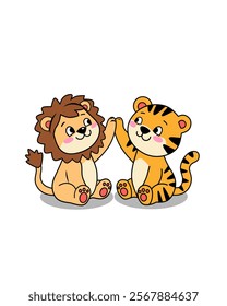 Cute lion and tiger giving high five with paws. Funny animals greeting. Flat design  vector illustration isolated on white background.