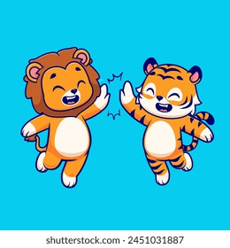 Cute Lion And Tiger High Five Cartoon Vector Icon Illustration. Animal Nature Icon Concept Isolated Premium Vector. Flat Cartoon Style