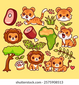 Cute Lion And Tiger Wildlife Habitat Set Cartoon Vector Icon 
Illustration. Animal Nature Icon Concept Isolated Premium 
Vector. Flat Cartoon Style 