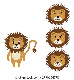 Cute lion torso with extra heads isolated on white background. Animal emotions. Cute wild animals of africa. Stock vector illustration for books and magazines, clothes, fabrics, postcards, internet.