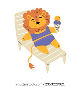 Cute Lion Tourist in Swimsuit Lying on Deck Chair with Ice Cream Having Summer Resort Vacation Vector Illustration