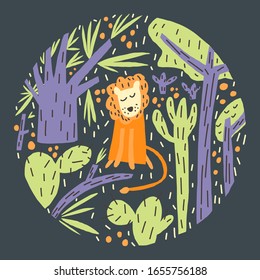 Cute lion, tree and cactus composition. Vector template for cover, poster, print and other users