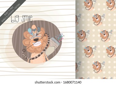 cute lion tribe drawn by hands with seamless pattern