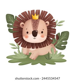 Cute Lion and Tropical Leaves