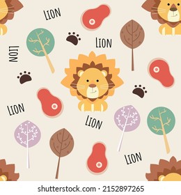 Cute lion with tropical leaves and footsteps seamless pattern