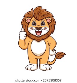 Cute lion with tumb up pose. Vector cartoon illustration isolated on white background