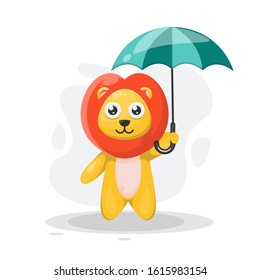 CUTE LION WITH UMBRELLA CARTOON VECTOR