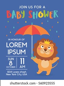 Cute lion with umbrella illustration for baby shower invitation card design template