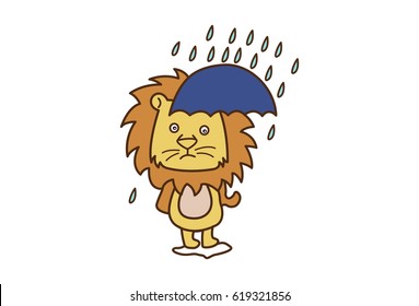 Cute Lion with an umbrella in the rain. Vector Illustration. Isolated on white background.