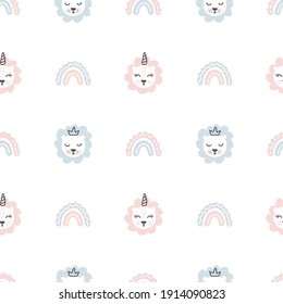 Cute lion unicorn seamless pattern vector design. Kids drawing style. Childish scandinavian style. Baby design nordic rainbow. Hand drawn colored illustration.