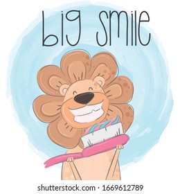 Cute lion uses a toothbrush