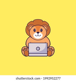 Cute lion using laptop. Animal cartoon concept isolated. Can used for t-shirt, greeting card, invitation card or mascot.