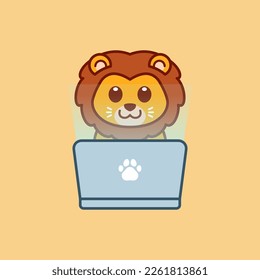 Cute Lion Using Laptop Illustration
