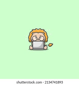 cute lion using laptop vector illustration